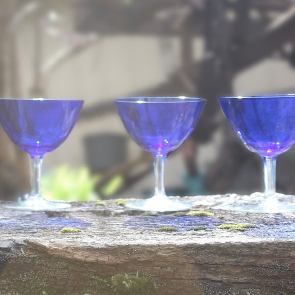 Set of (3) - Cobalt Blue Goblets/ champagne with Clear Stems 5"tall - Picture 2 of 9